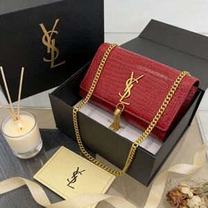 <AUTHENTIC>YSL Red Croc Embossed Tassel Bag